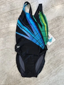 Nuevo con etiquetas Traje de baño Speedo Racerback de una pieza Años 90 Azul Teal Verde Mod Diseño 36/12 - Imagen 1 de 5