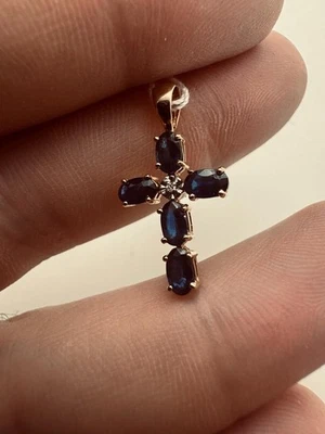 Vintage style 14k yellow gold Sapphire and diamond Cross Pendant - Image 1 of 3