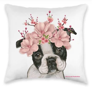 Boston Terrier Cuscino da Lancio Floreale, Cuscino Decorativo, Cuscino Accento Cane Carino, S - Foto 1 di 2