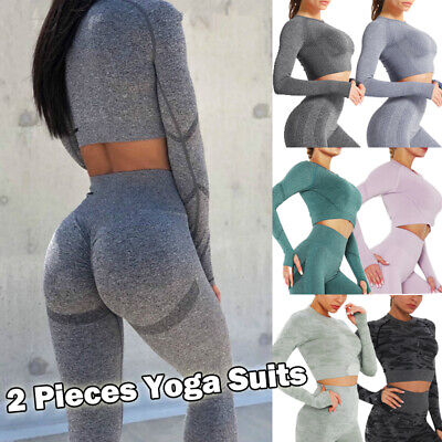 Women's Yoga Suit CropTop+Leggings Pants Gym Fitness Set Outfit Sportswear Chic • 18.37€