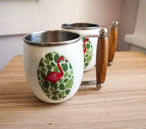 Set of 2 White Moscow Mule Mugs W Wooden Handles Flamingo Enamel - Picture 1 of 5