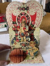 Antique Fold Out Valentine Card  Made In USA Honeycomb Beautiful Cupid Dove
