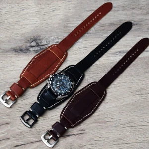 Full grain leather watch strap bund 18/20/22/24/26 mm hand crafted cuff band - Picture 1 of 10