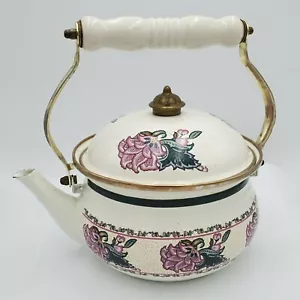 Vintage Tea Kettle Tea Pot Enamel Ware Purple Floral Flower Preferred stock - Picture 1 of 11