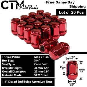 20x 1.4" Red 12x1.25 Cone Seat Acorn Lug Nuts Fit Niss/Inf/86 Aftermarket Wheel - Picture 1 of 4