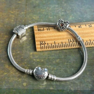 Pandora 925 Sterling Silver Bracelet Bear Paw Heart Charms & Heart Clasp - Picture 1 of 16