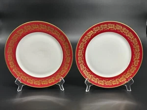 Pair of CH Field Haviland Limoges Deep Red & Gold Floral Band 10" Dinner Plates - Picture 1 of 7