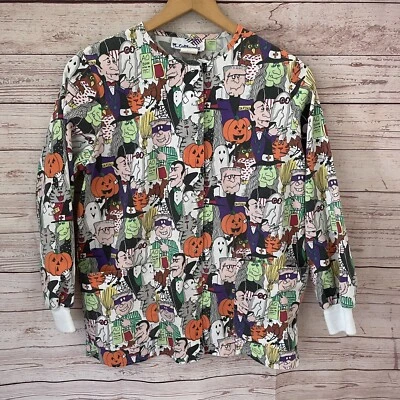 Vtg Halloween Medical/Dental long sleeve scrub Sz S Dracula Frankenstein Witch - Image 1 of 4