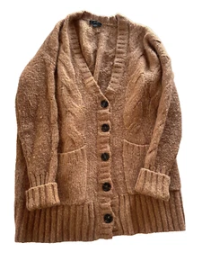 J Crew Women's Small Chunky Cable-knit Oversized Cardigan Tan Pockets - Picture 1 of 7