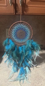 Embroidered Dream Catcher With Beads and Turquoise Feathers - Picture 1 of 2