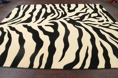 Zebra Animal Print Oriental Area Rug Hand-Tufted Wool Ivory/ Black Modern Carpet - Image 1 of 4