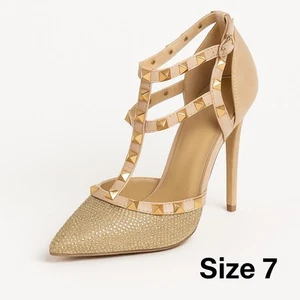 Wild Diva Lounge Studded Nude Glitter Pointed Toe Heels Size 7 - Picture 1 of 7