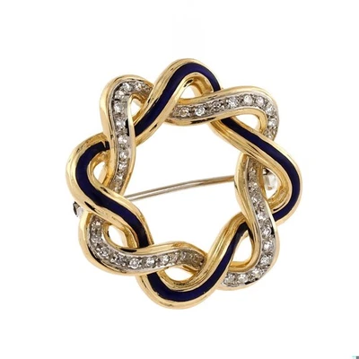 Broche prendedor tejido esmalte azul diamante oro amarillo 18K diseño entrelazado 1,30" Foto 1 de 4