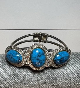 Vintage Faux Türkis Silber Ton Metall Scharnier Manschette Armband Schmuck Western Geschenk - Bild 1 von 9