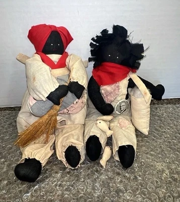 VTG African American Folk Art Cloth Stuffed Rag Dolls W/1956 Pin-back Handmade - Image 1 of 4