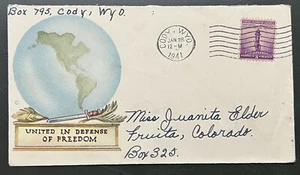 1941 CODY WYOMING CACHETED COVER GLOBE UNITED IN DEFENSE OF FREEDOM - Picture 1 of 2