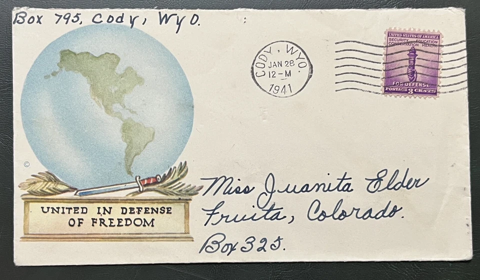 1941 CODY WYOMING CACHETED COVER GLOBE UNITED IN DEFENSE OF FREEDOM - Image 1 of 2