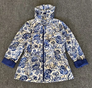 Charter Club Womens Petite Small Jacket White Blue Abstract Floral Hooded Rain - Picture 1 of 19