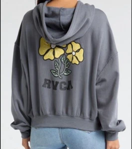 RVCA Gray Floral Graphic Kick Back Crop Hoodie Dolman Sleeve Casual Womens Sz XL - Picture 1 of 13