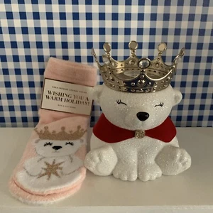 Bath & Body Works ~ Single Wick Candle Holder ~ 2021 GLITTER~ POLAR BEAR + SOCKS - Picture 1 of 2