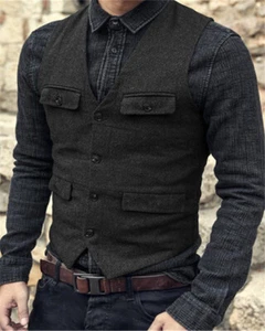 Mens Vintage Tweed Waistcoat Groom Bestman Retro Hunting Cowboy Formal Vests - Picture 1 of 21