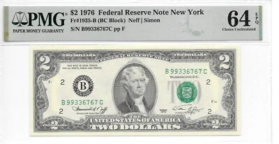 1976 New York Harder to find BC Block $2 FRN PMG 64 EPQ Choice Uncirculated - Image 1 of 4