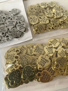 10 pcs Metal Charms Made with Love Gold or Nickel  - Picture 1 of 2