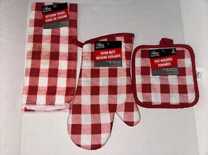 Küchenset: Ofenhandschuh 2 Topflappen Geschirrtuch 4-teilig rot Picknick Schachbrett NEU - Bild 1 von 12