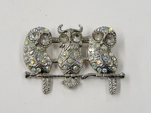 Vintage Silver-tone & Rhinestone Three Owls On A Branch Brooch Pin - Picture 1 of 7