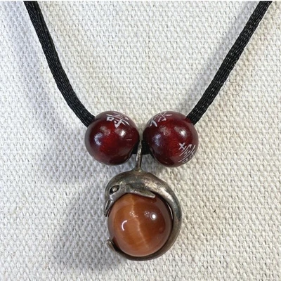 Tigers Eye Stone Pendant Necklace Silver Tone Dolphin Charm Wood Beads - Image 1 of 4