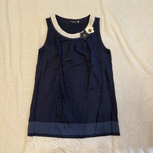 E and Lisa Kleid ärmellos dunkelblau Leinen Blumen Knopfdesign mit weißer Borte - Bild 1 von 6