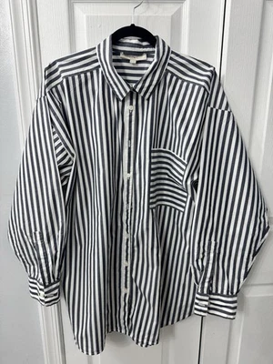 Camisa LOFT feminina listrada com botões XL cinza branca manga longa colarinho - Imagem 1 de 4