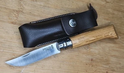 Opinel Inox NO.8 Ring Lock Beachwood Handle Folding Knife W/ Leather Sheath MINT - Image 1 of 4