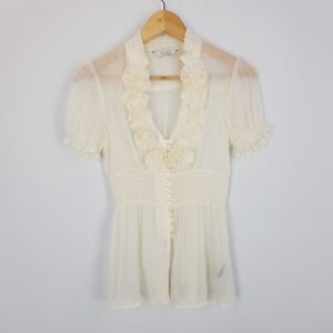 Portmans Womens Size S 8 Cream Sheer Button Front Blouse Rouched Waist