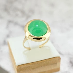 Large Solid 14k Yellow Gold Big Round Cabochon Green Jade Bezel Set Ring Sz 11 - Picture 1 of 10