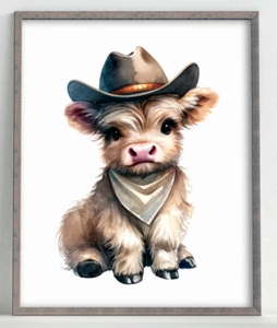 Cow Wall Art Print, Cow With Cowboy Hat Print, Farmhouse Art Home Decor #154 - Picture 1 of 2