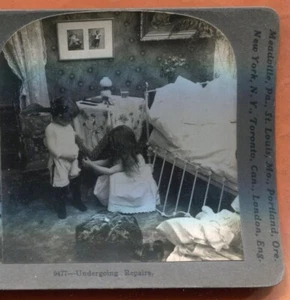 Undergoing Repairs Little Girl Sewing Keystone Stereoview Card circa 1910s - Picture 1 of 3