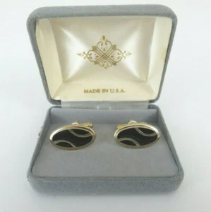 Vintage Oval Black and Gold Cufflinks in Original Box - Picture 1 of 5