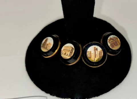 SUPER RARE GRAND TOUR ROME SET OF FOUR SILVER BOUND MICRO MOSSAIC BUTTONS,13MM Cover