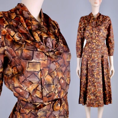 M/L Vintage 40s Copper Brown Satin Long Sleeve Tea Dress Full Rockabilly 40s 50 - Image 1 of 4