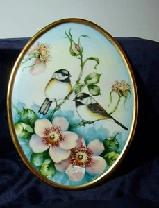 Vibrant Finches Flowers Hand-Painted 10" Porcelain Plaque Gold Trim Signed - Picture 1 of 3