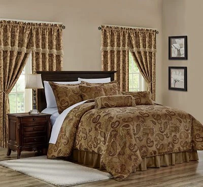 7-Piece Jacquard Bedding Ensemble Copper Brown Woven Paisley Comforter Set - Image 1 of 4