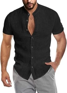 Herren Leinen Hemden Knopf Strand Kurzarm Freizeit Baumwolle V-Ausschnitt T-Shirts Schwarz 2XL - Bild 1 von 5