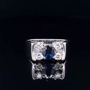 Men's Pinky Ring 2Ct Oval Cut Blue Sapphire & Diamond 14K White Gold Finish - Picture 1 of 8