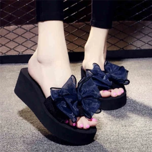 Women's Summer Bow High Heel Slides Fashion Wedge Platform Slippers Shoes - Picture 1 of 13