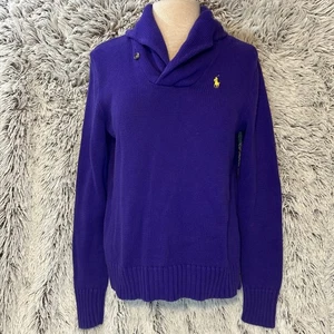 Vintage Ralph Lauren Shawl Neck Sweater Women's Large Purple Preppy Pony - Picture 1 of 9