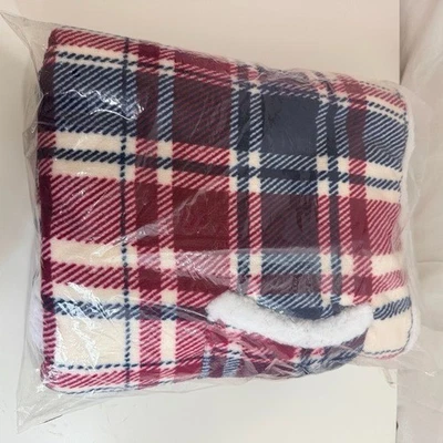 Wearable Blanket Blue Red Plaid Hooded Coral Fleece Throw with Sherpa & Pockets - Image 1 of 4