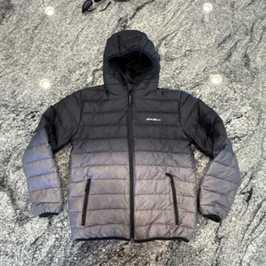 Eddie Bauer Jacket Kids Black Gray Reversible Puffer Full Zip Hooded  M 10/12 - Picture 1 of 15