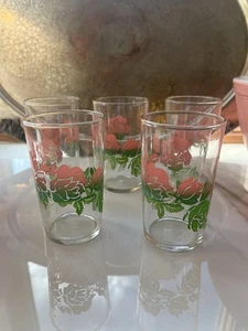 Vintage Federal Juice Glasses Pink And Green Floral Transfer Design Clear Glass - Picture 1 of 9