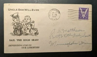 1944 Tío Sam Will Ever Duruque Iowa a MN Ilustrada Segunda Guerra Mundial Cubierta Patriótica Foto 1 de 2